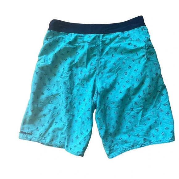 Patagonia Classic Wayfarers Board Shorts Swim Blue Hieroglyphics Mens Size 32 - Picture 5 of 7